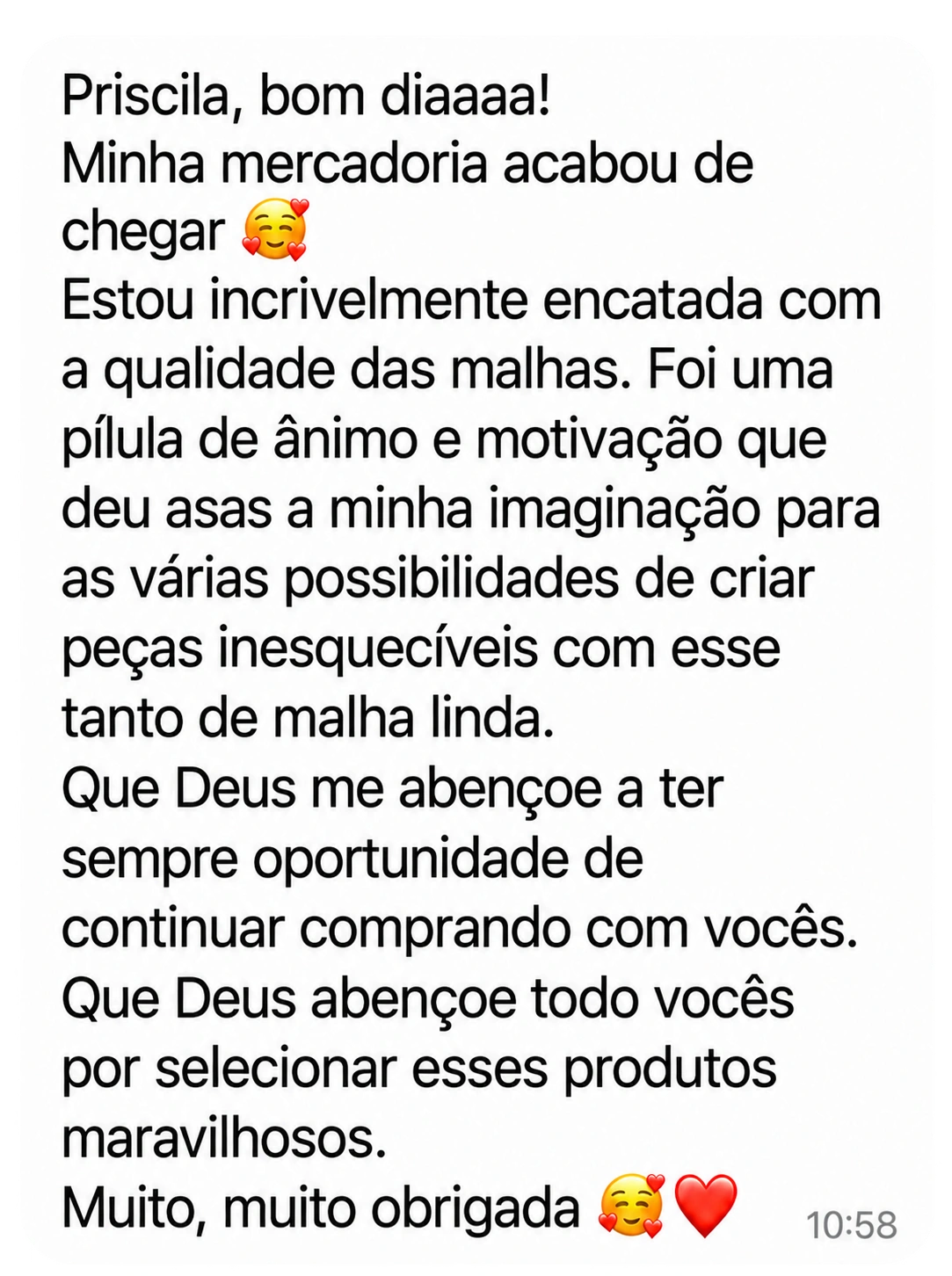 Cliente relata que ficou encantada com a qualidade das malhas e com as possibilidades de criação.